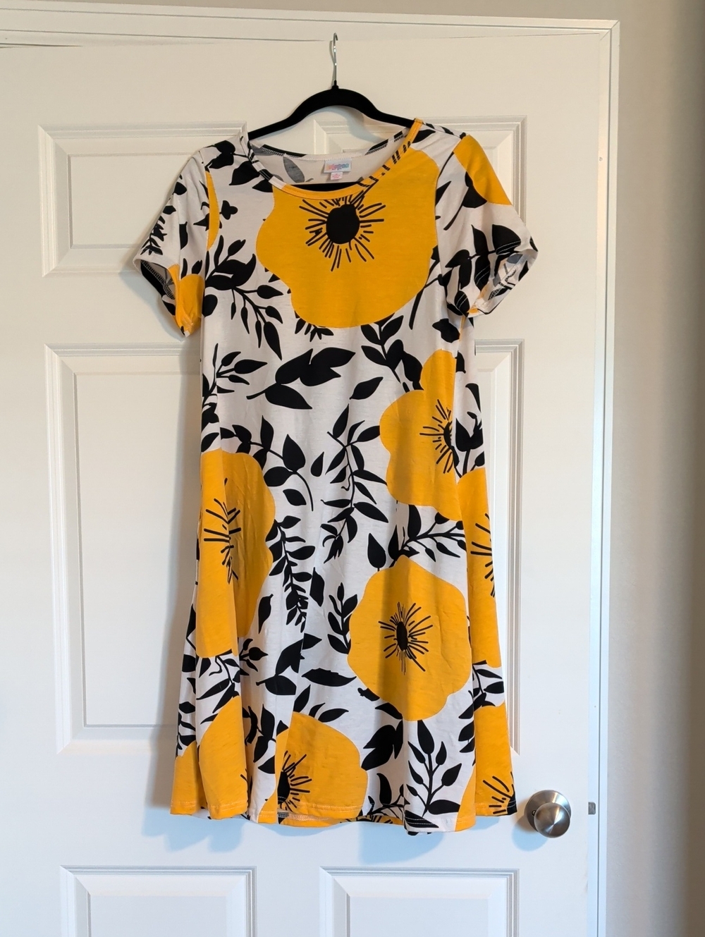 LuLaRoe Yellow Floral Midi Dress with Black Leaf Print